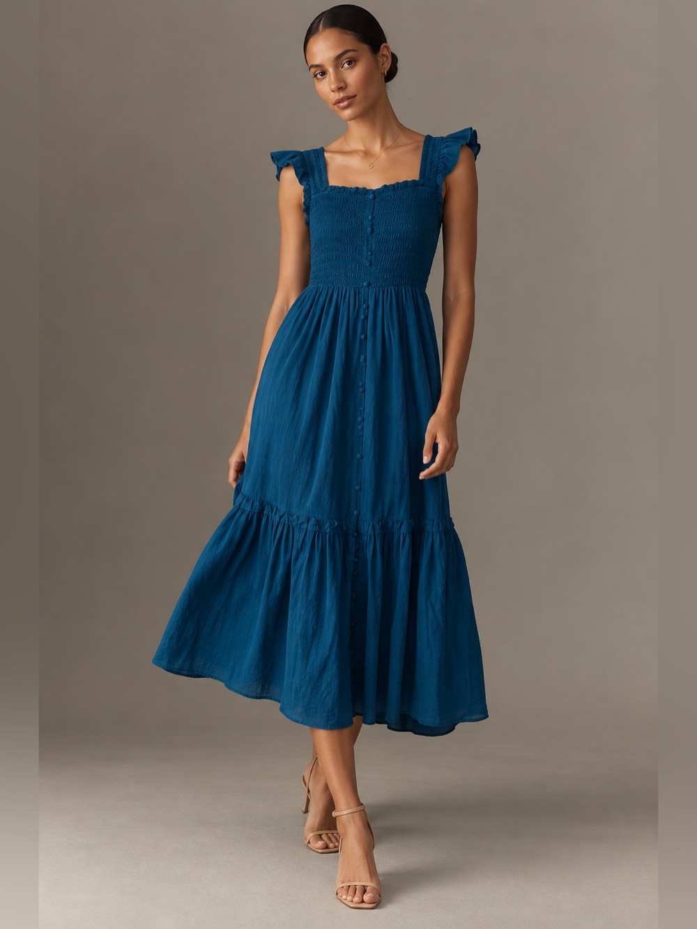 Anthropologie Teal Blue Smocked Midi Dress